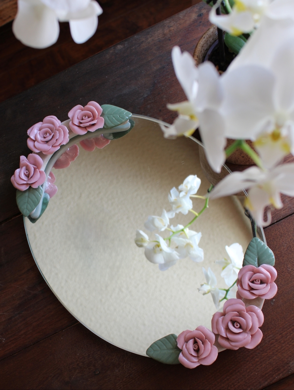 Vintage Pink Rose Decorative Tray with Green Leaves